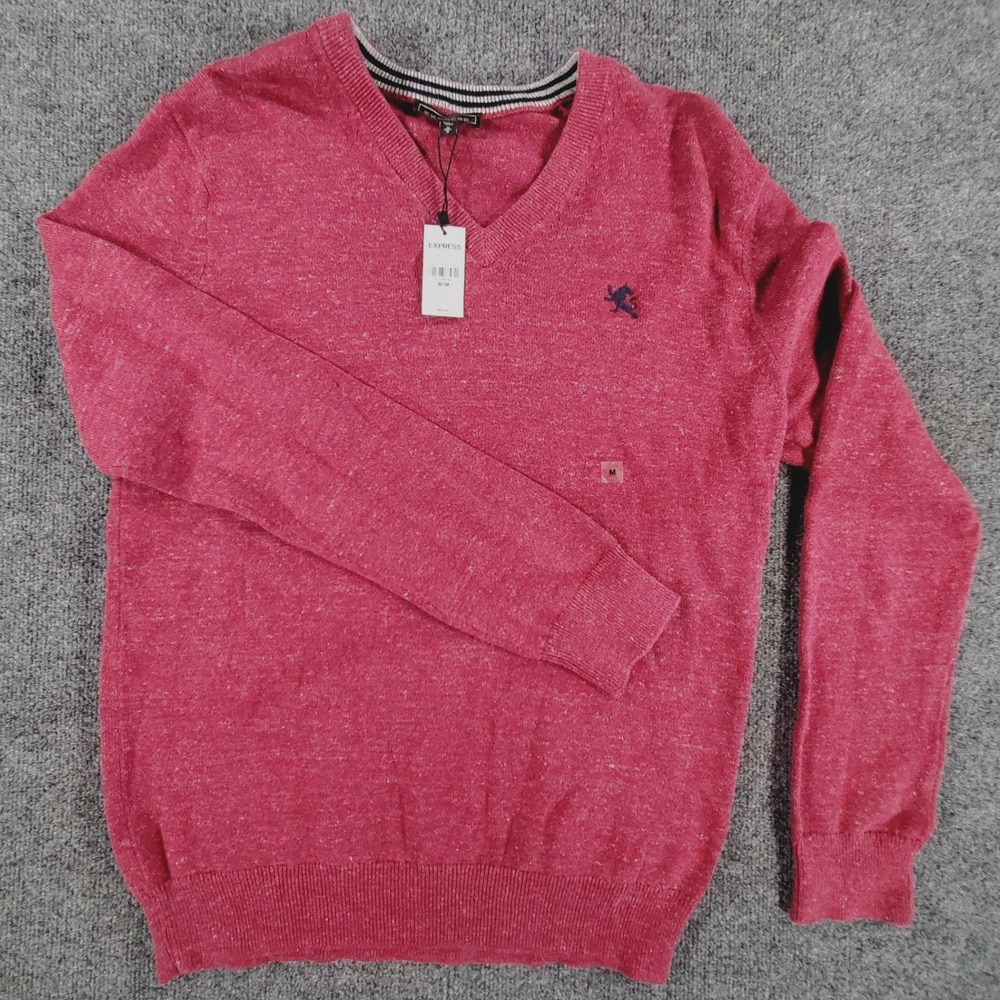 Express Sweater Mens M V-Neck Maroon Heathered Lion Logo 100% Cotton NEW - Picture 2 of 13